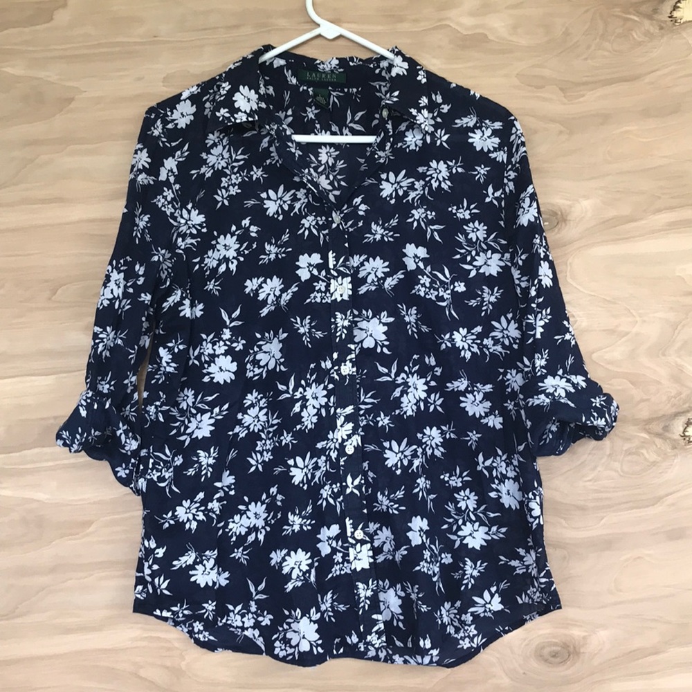 Navy and white, floral sheer blouse